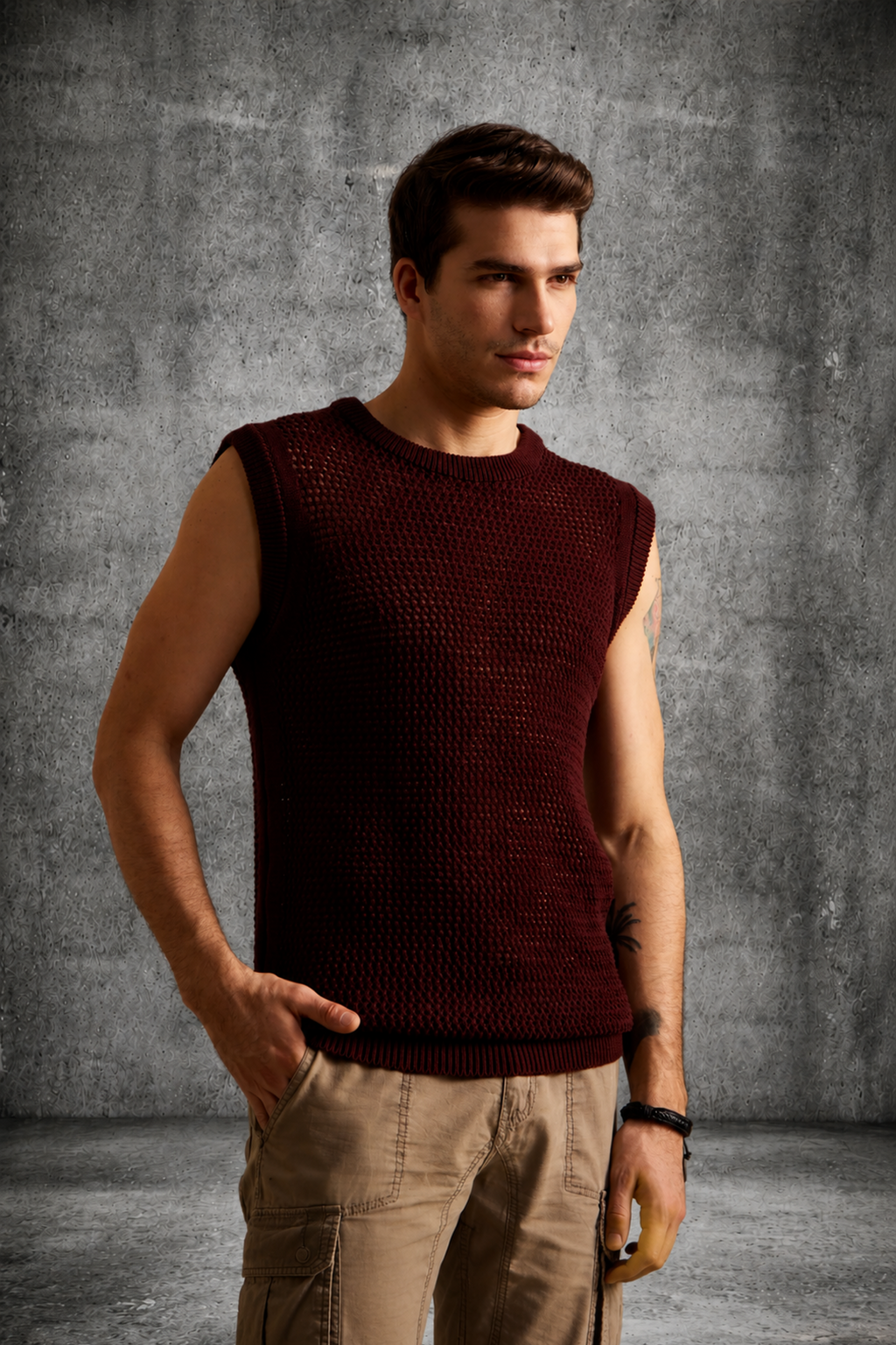 MESH KNIT TANK IN BURGUNDY