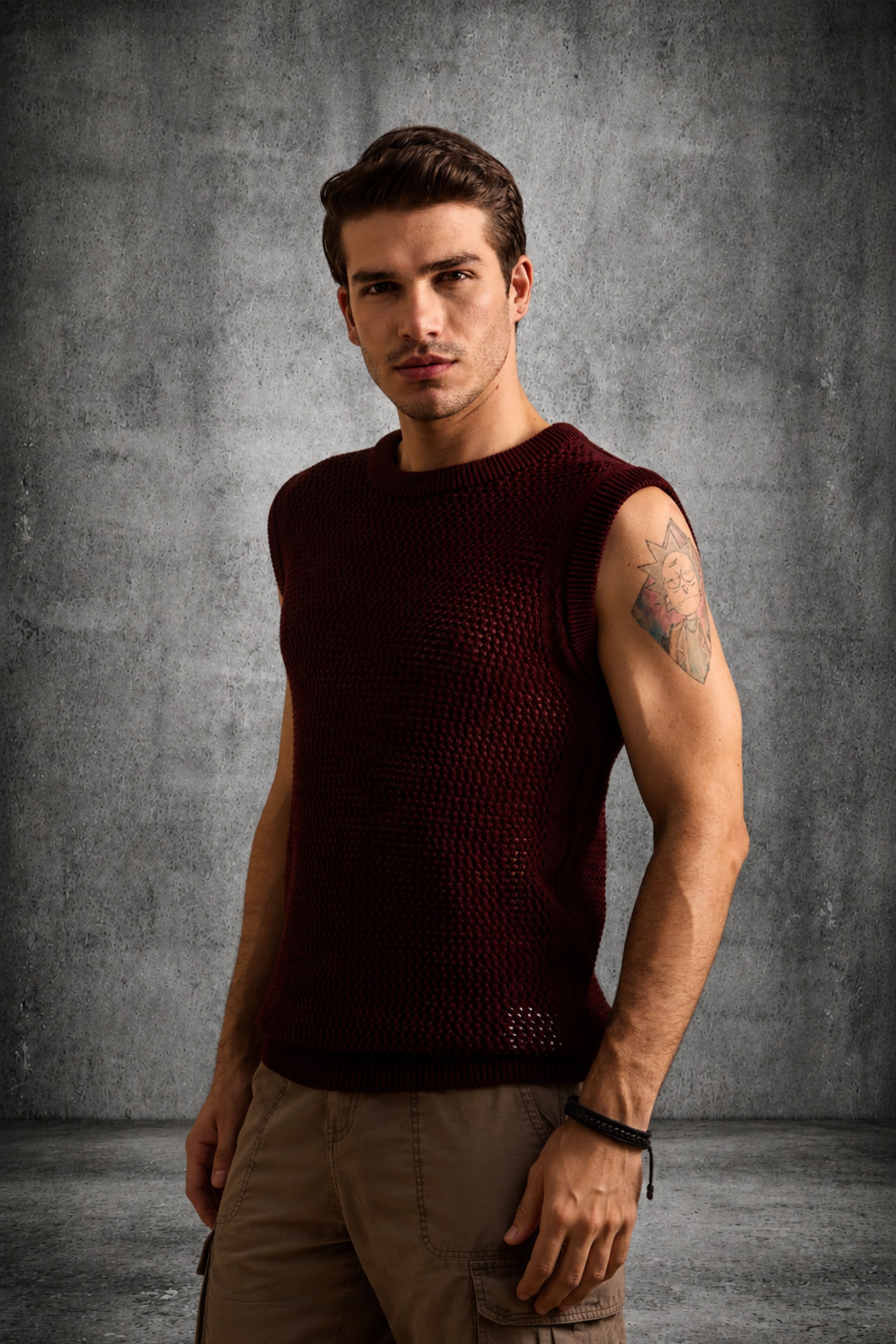 MESH KNIT TANK IN BURGUNDY