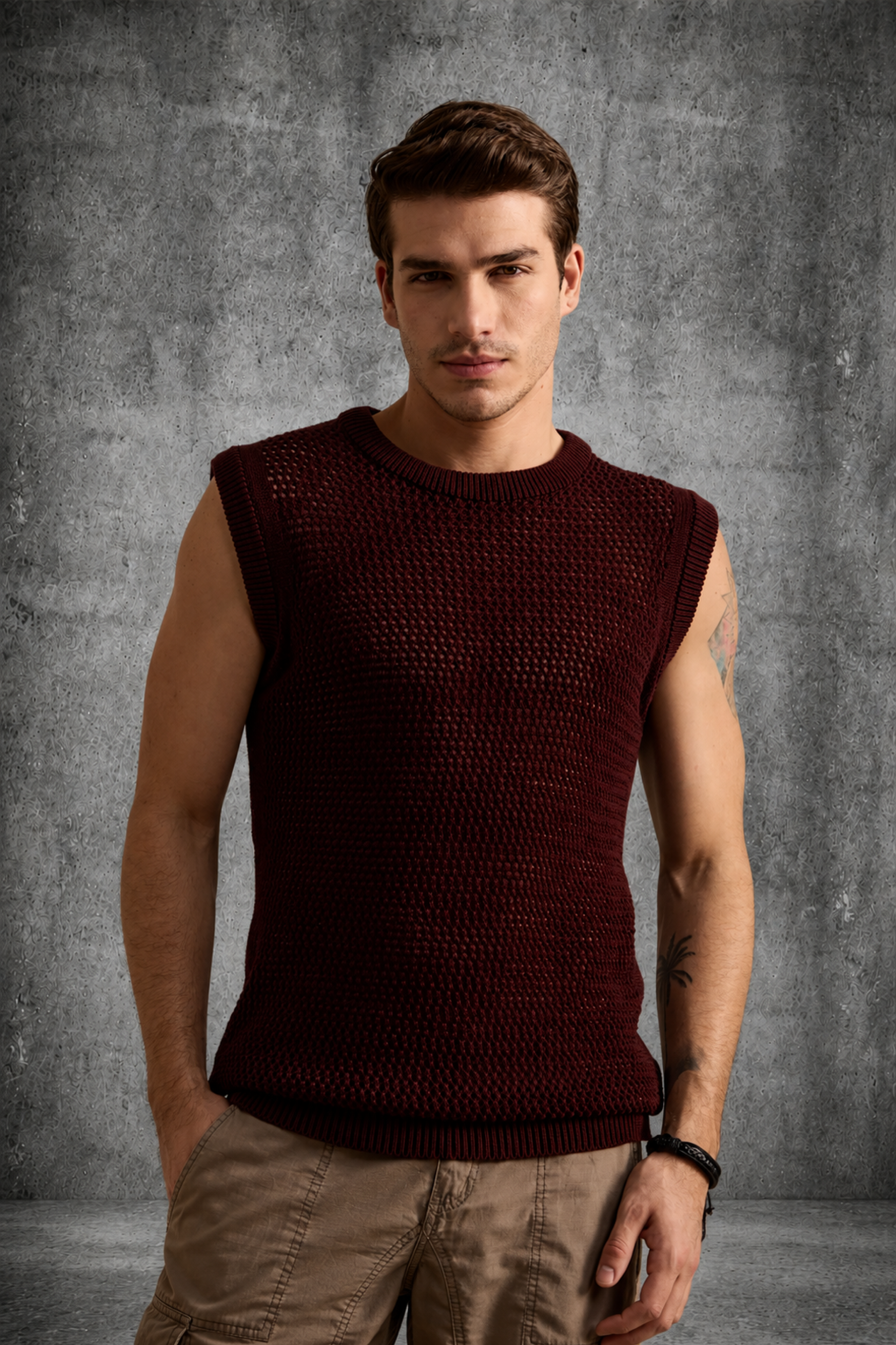MESH KNIT TANK IN BURGUNDY