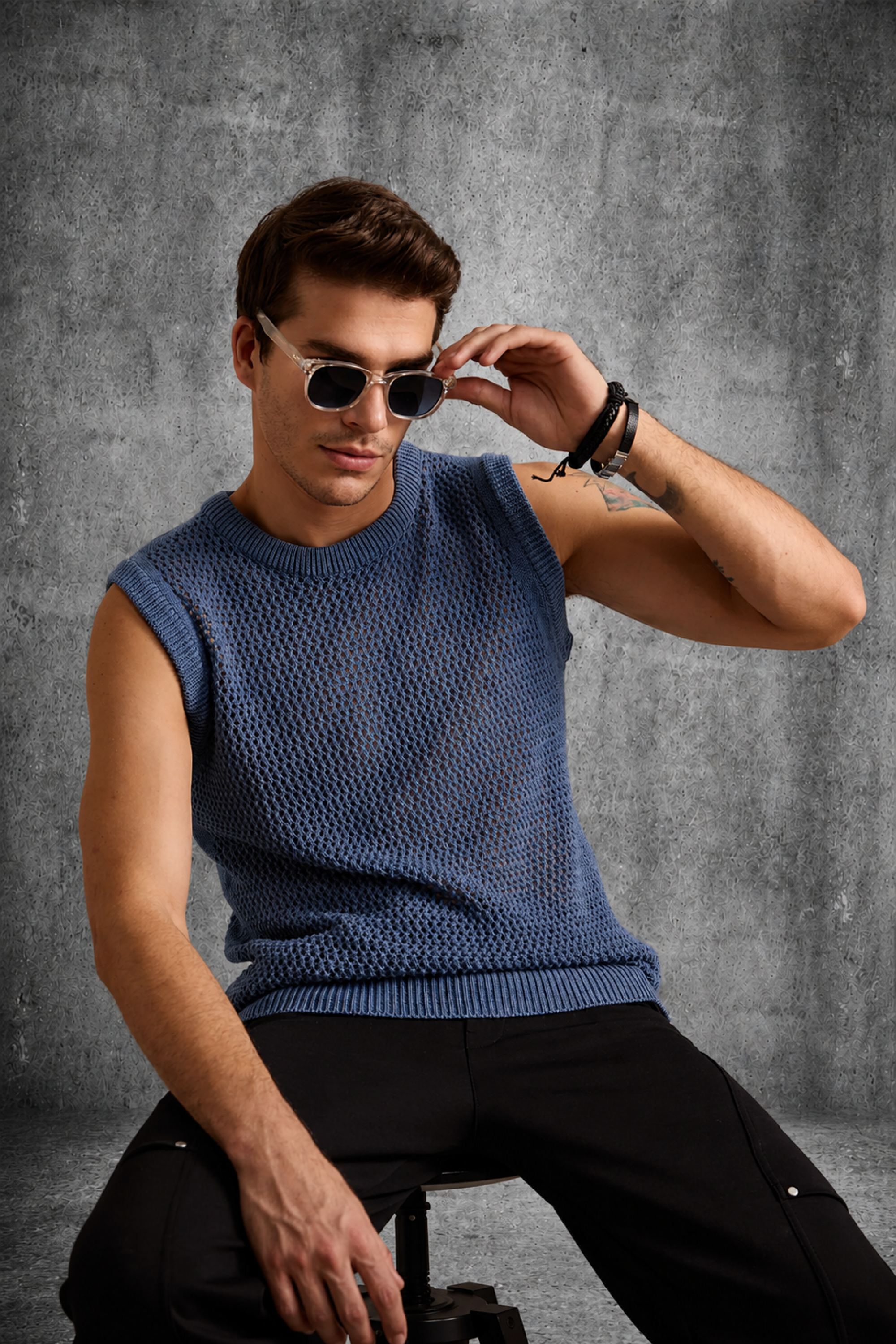 MESH KNIT TANK IN STEEL BLUE