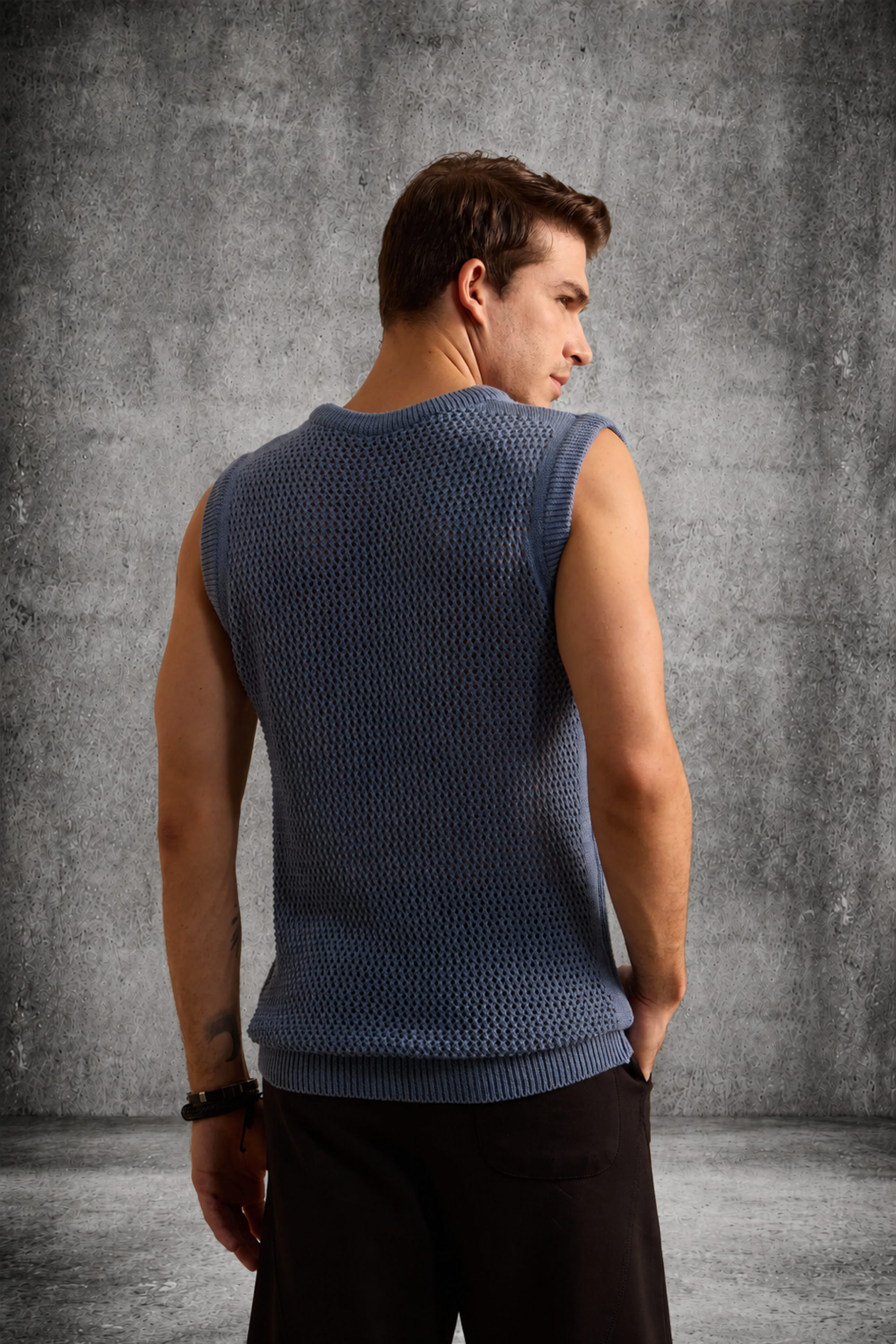 MESH KNIT TANK IN STEEL BLUE