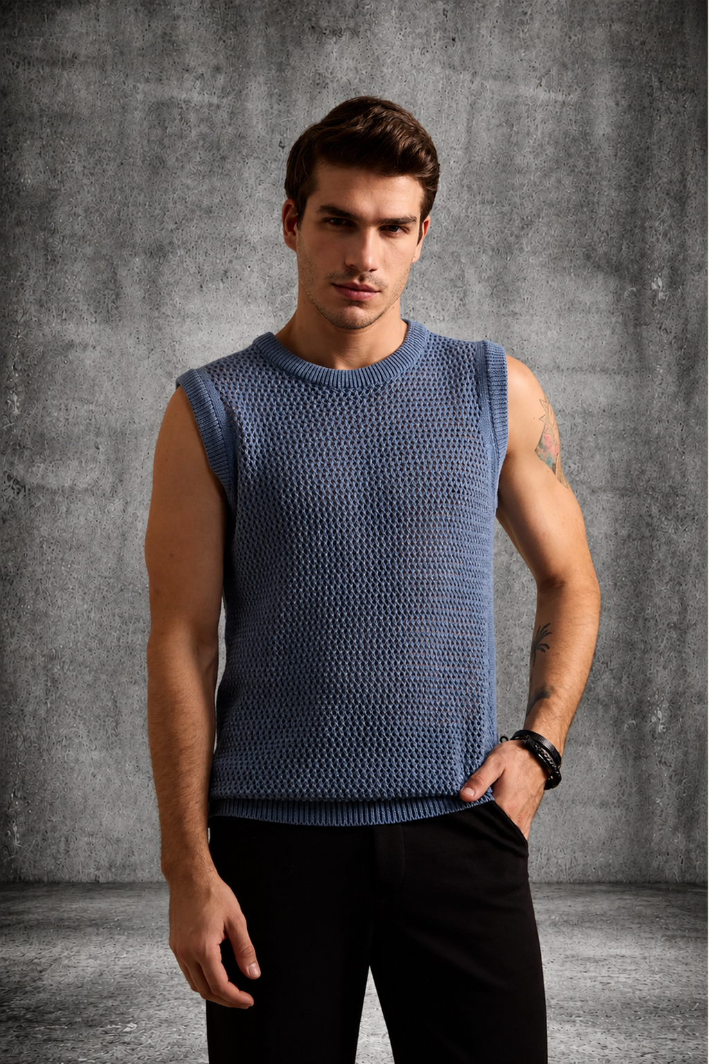MESH KNIT TANK IN STEEL BLUE