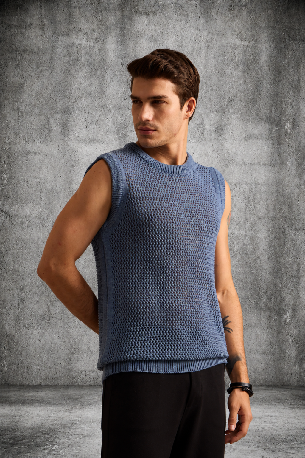 MESH KNIT TANK IN STEEL BLUE