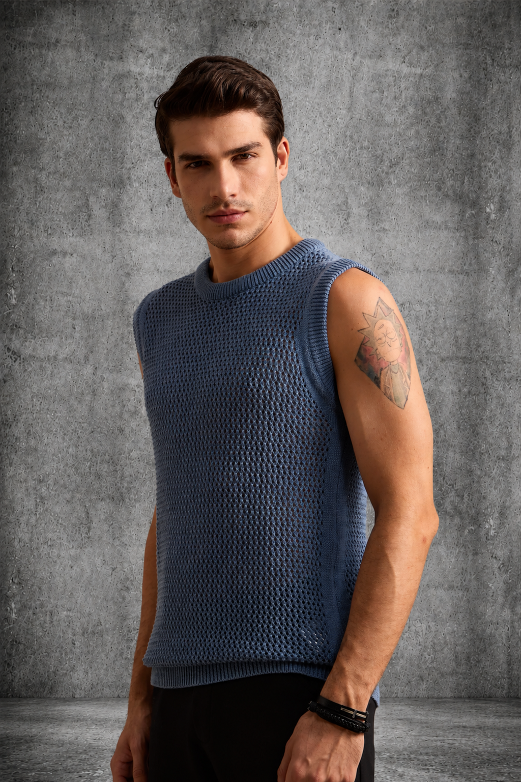 MESH KNIT TANK IN STEEL BLUE