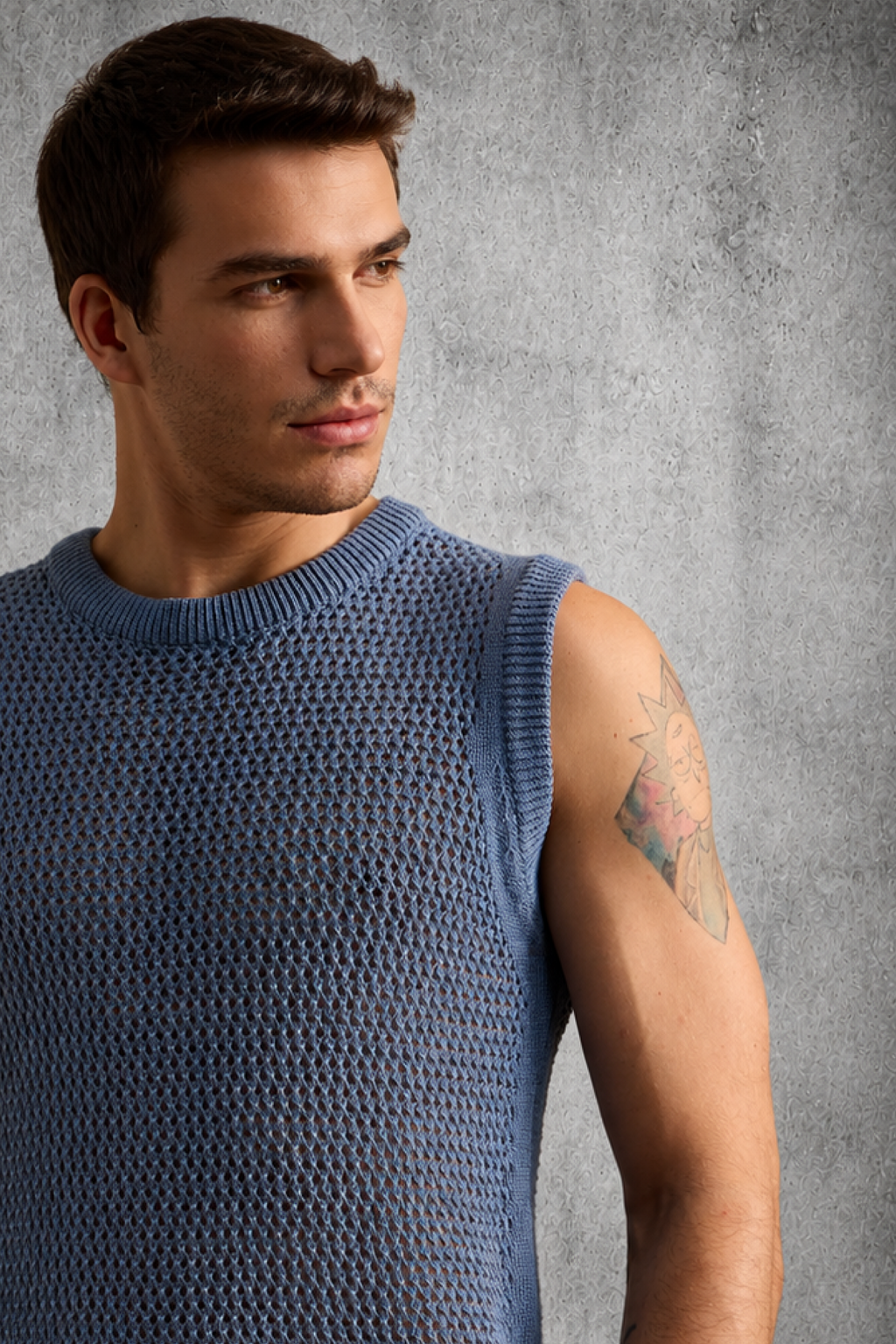 MESH KNIT TANK IN STEEL BLUE