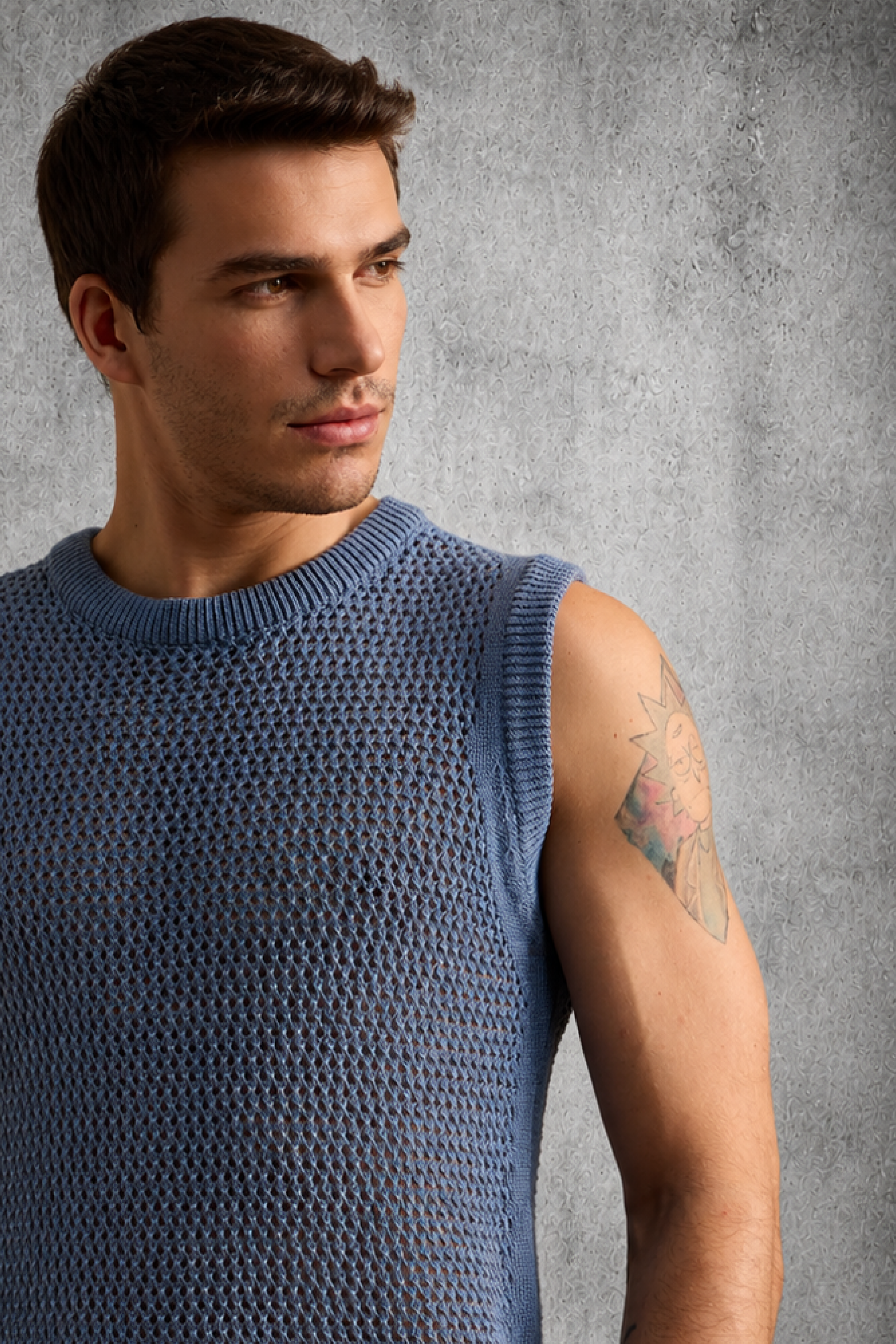 MESH KNIT TANK IN STEEL BLUE