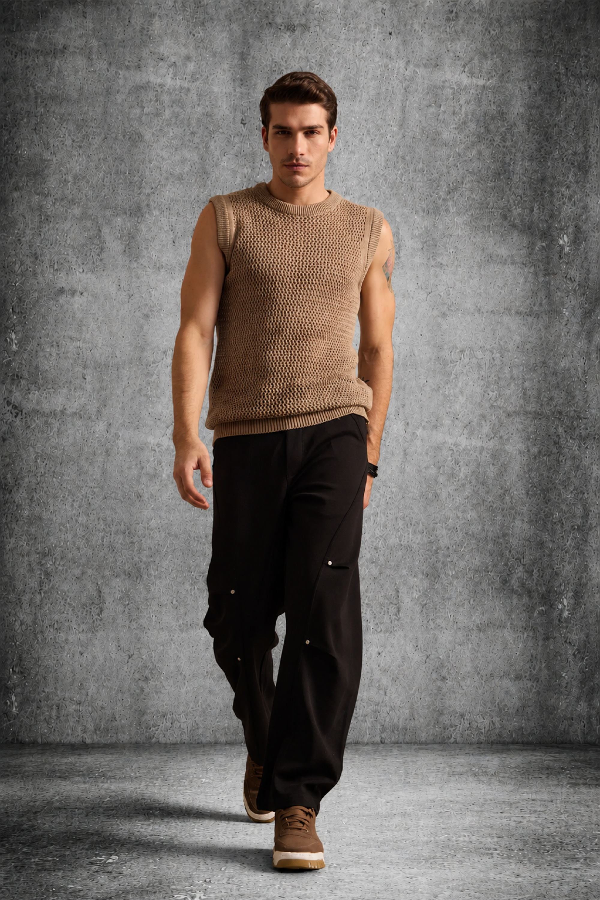 MESH KNIT TANK IN SAND BEIGE