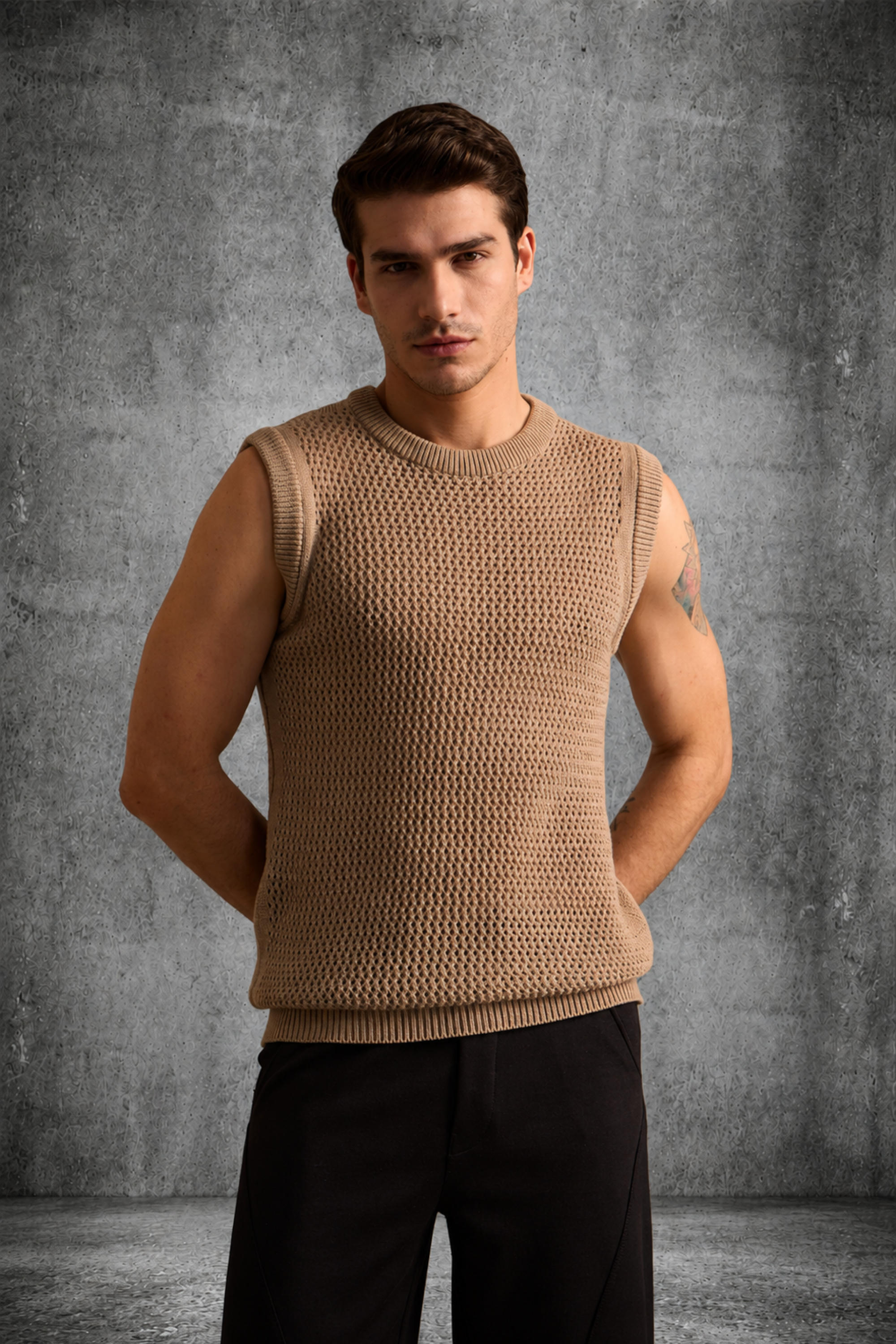 MESH KNIT TANK IN SAND BEIGE