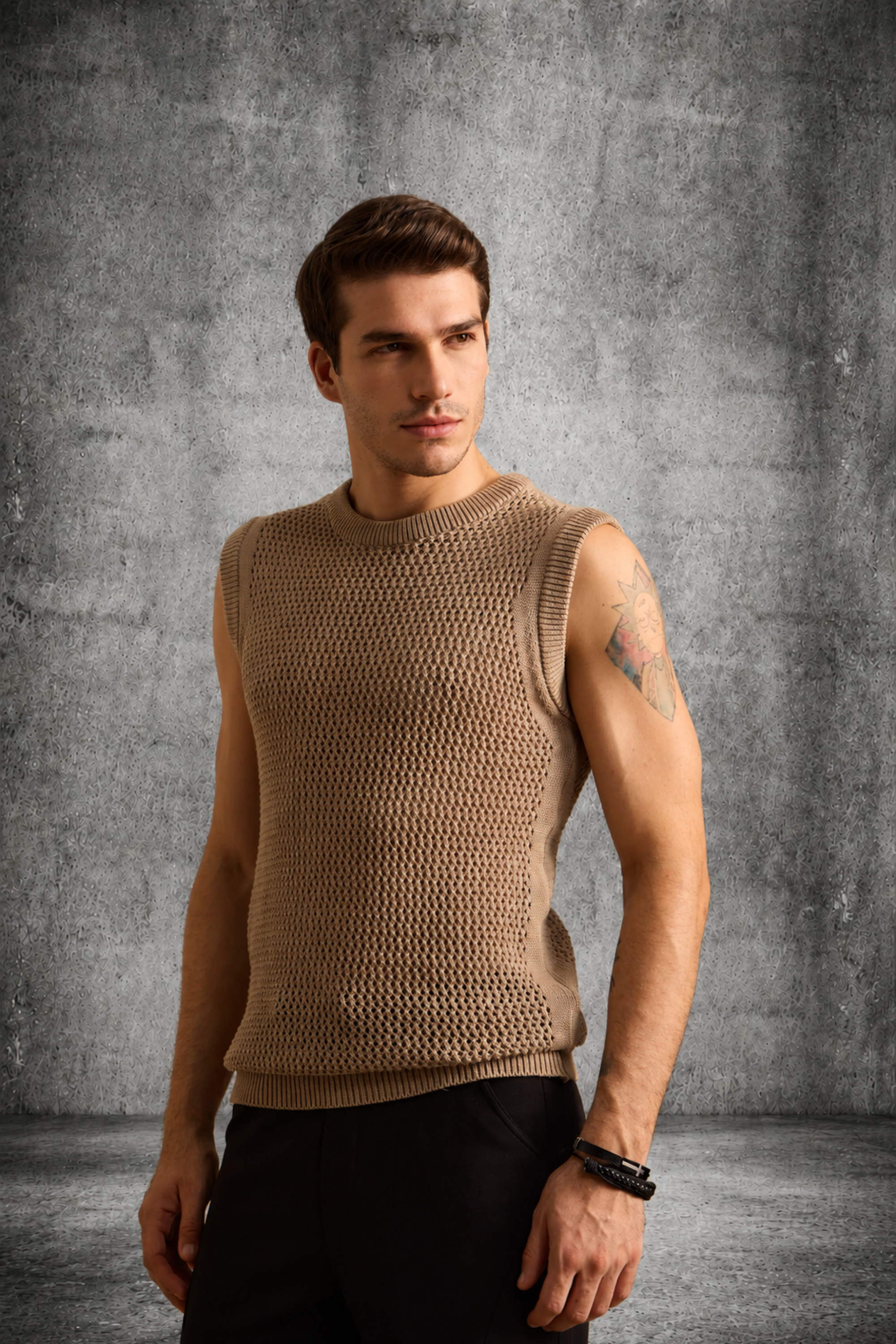 MESH KNIT TANK IN SAND BEIGE