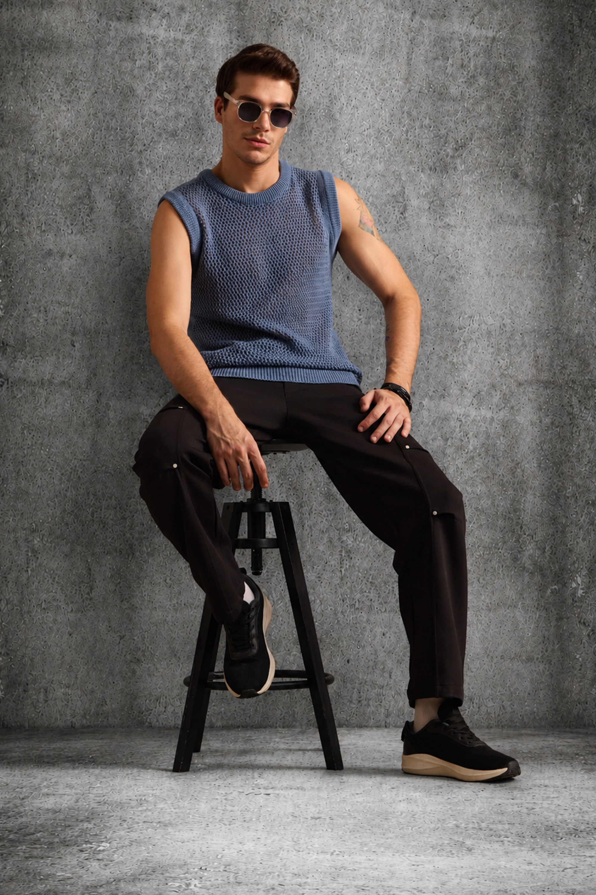 MESH KNIT TANK IN STEEL BLUE