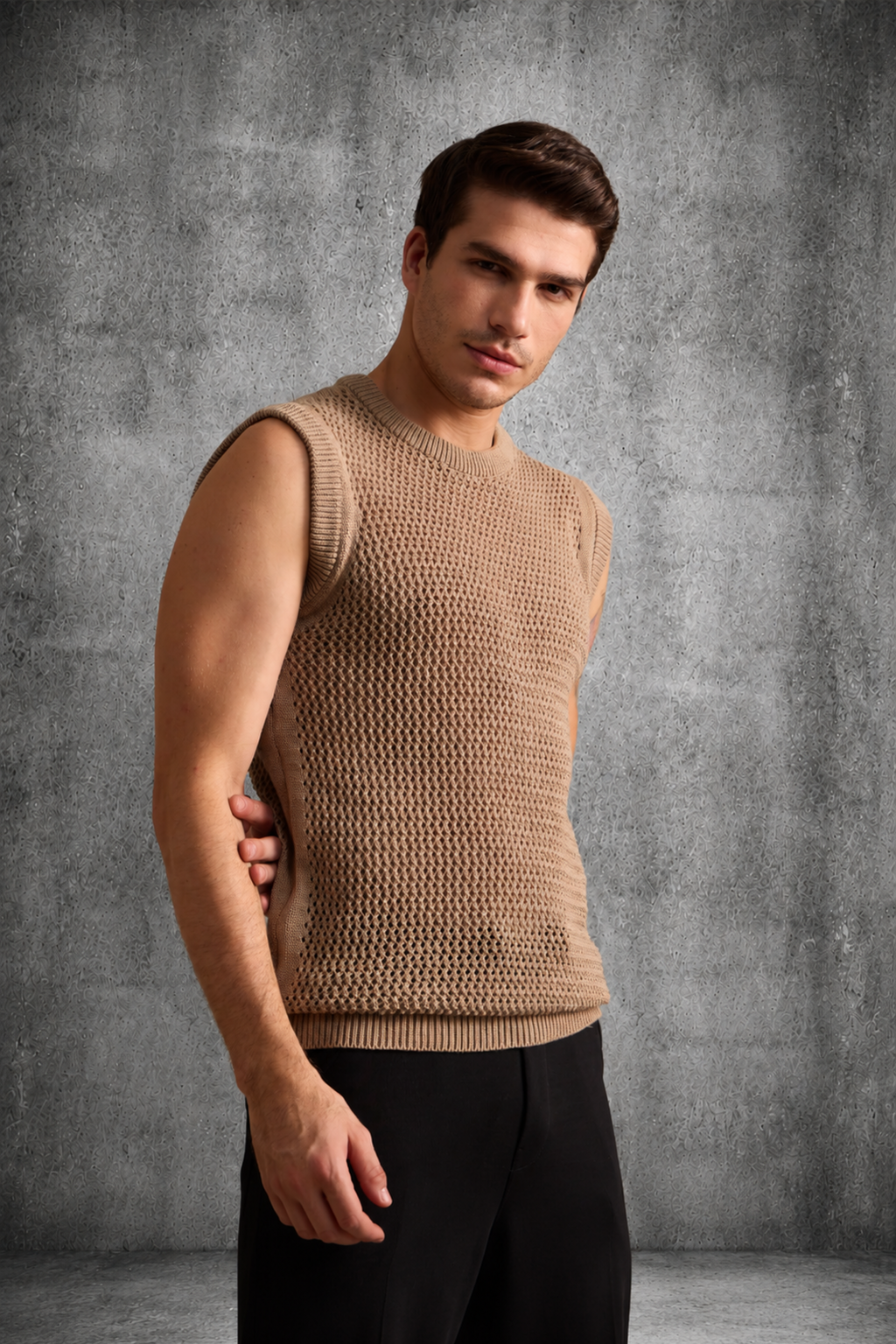 MESH KNIT TANK IN SAND BEIGE