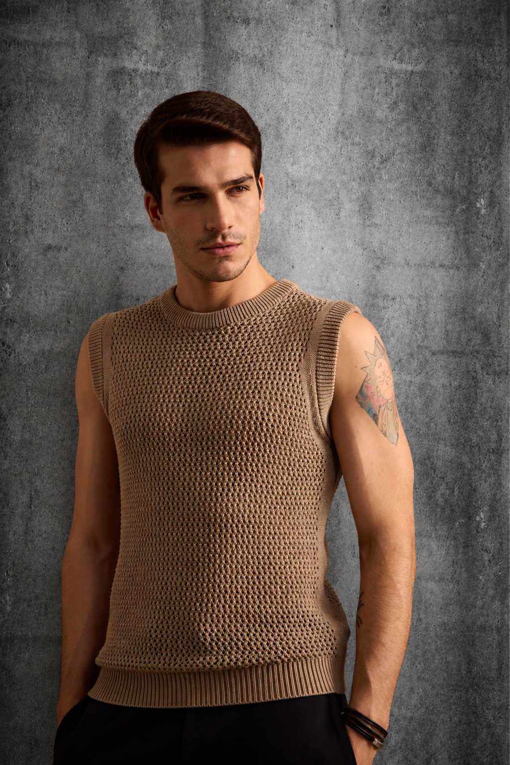 MESH KNIT TANK IN SAND BEIGE