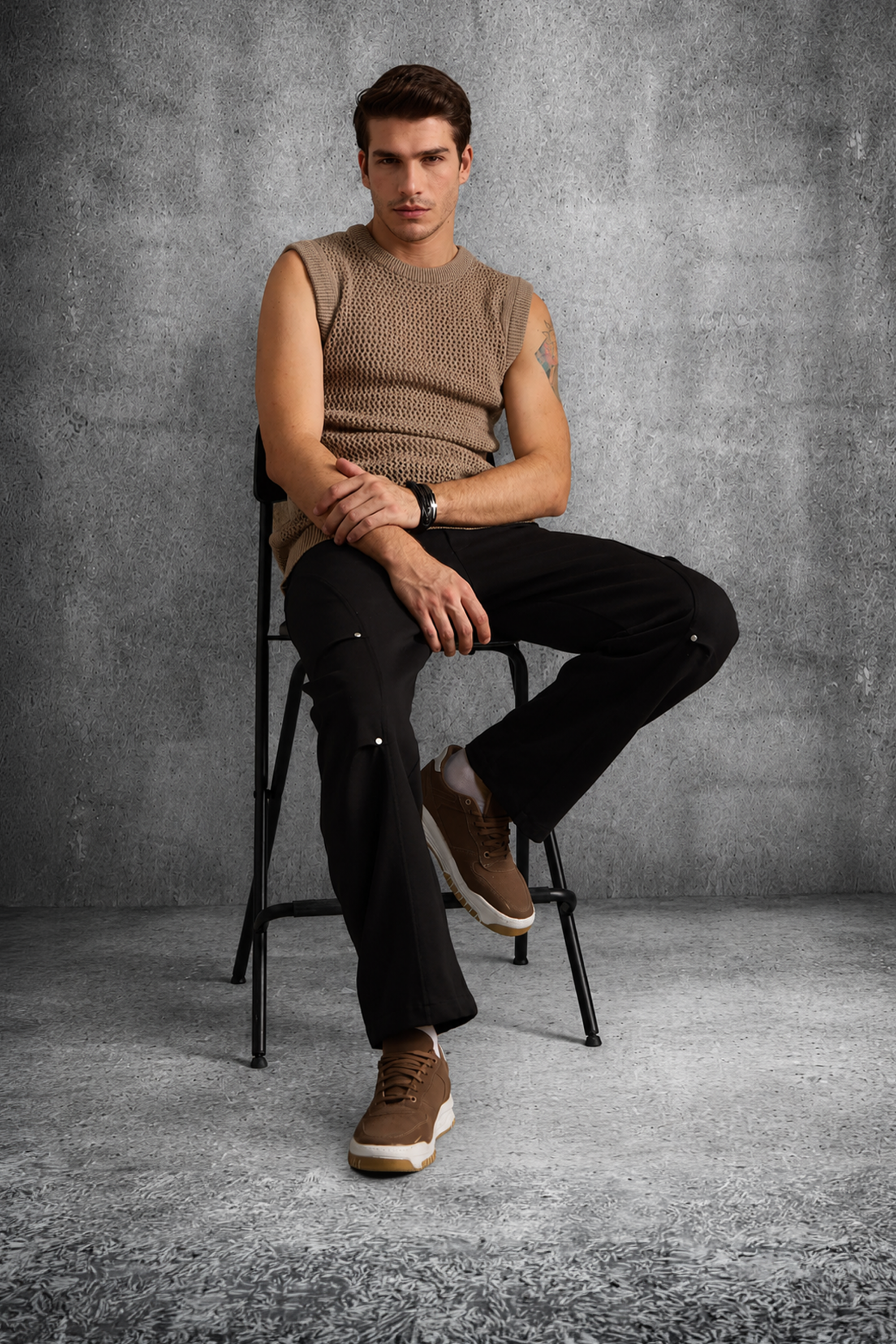 MESH KNIT TANK IN SAND BEIGE