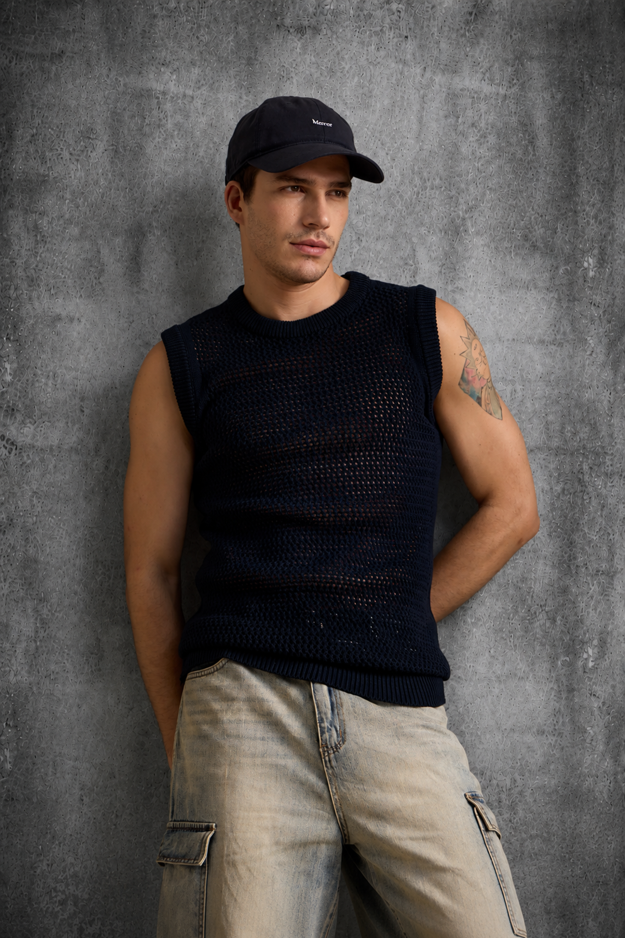 MESH KNIT TANK IN DEEP BLACK
