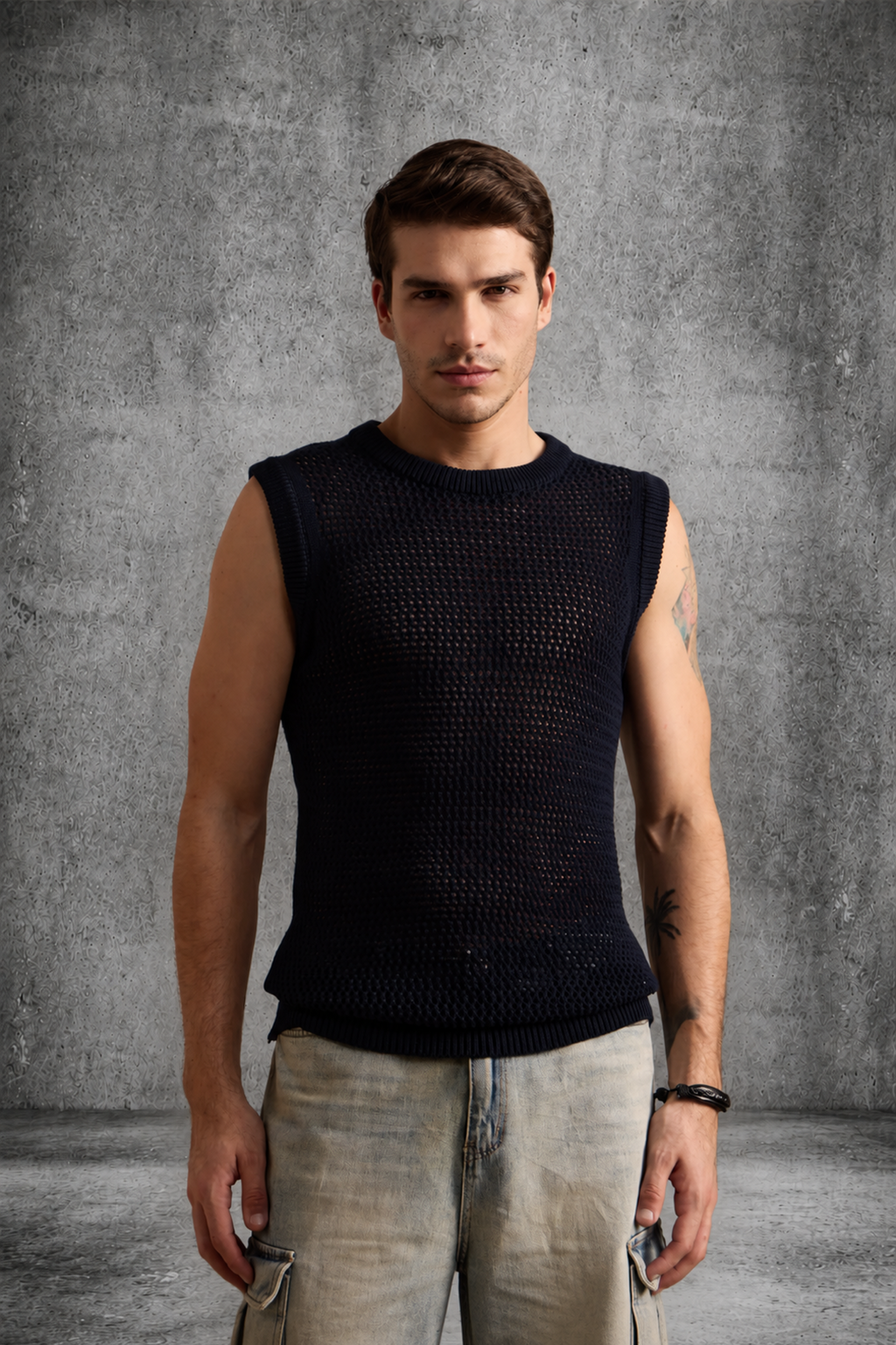 MESH KNIT TANK IN DEEP BLACK