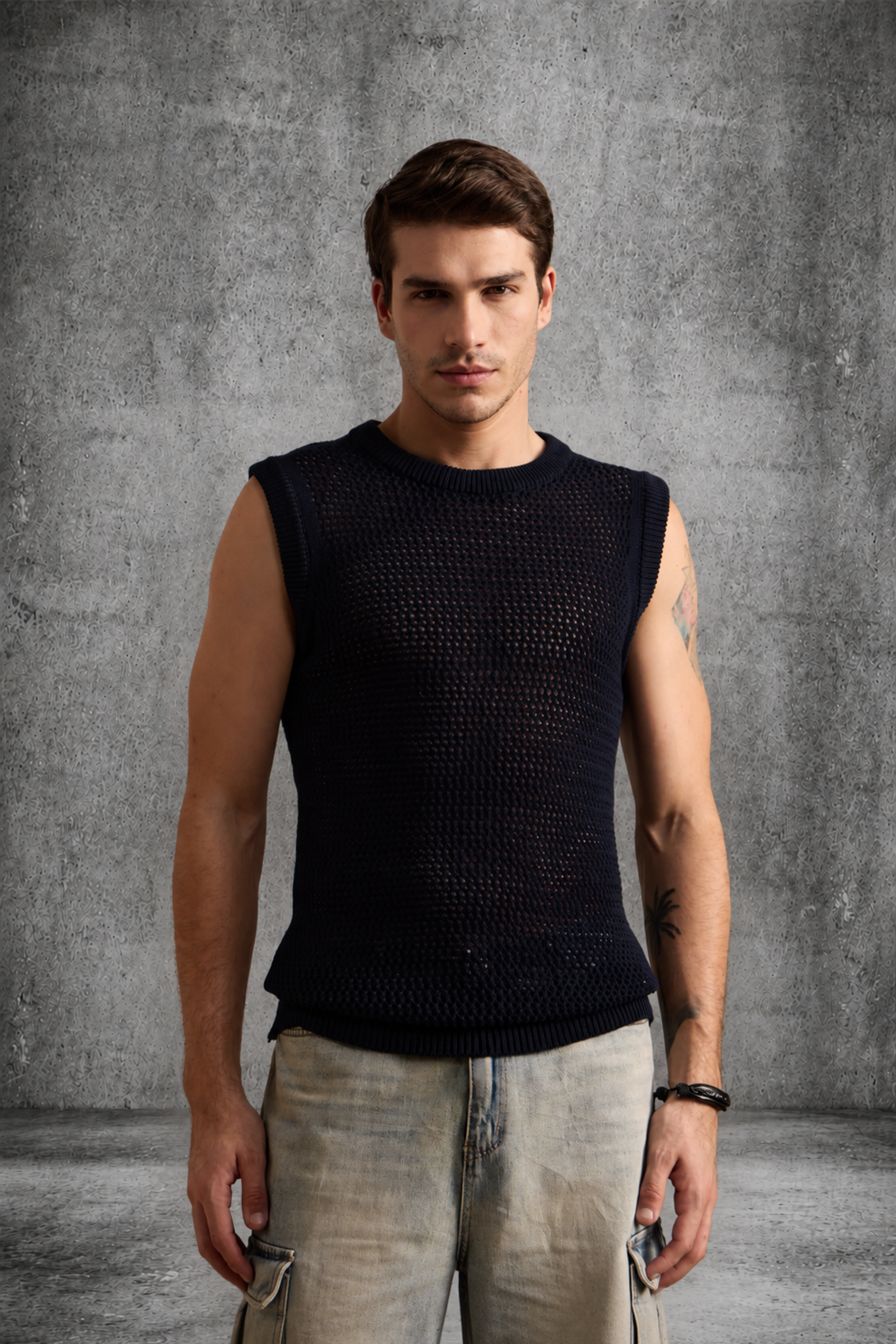 MESH KNIT TANK IN DEEP BLACK