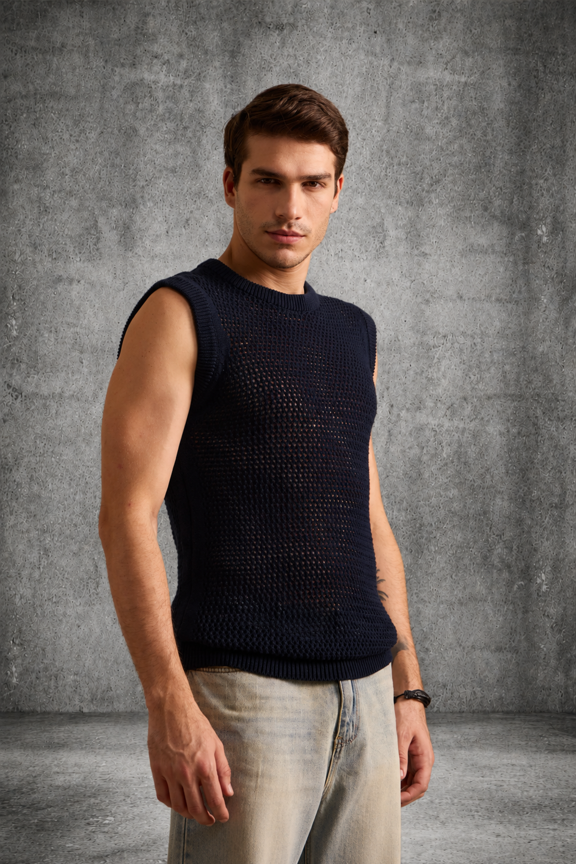 MESH KNIT TANK IN DEEP BLACK