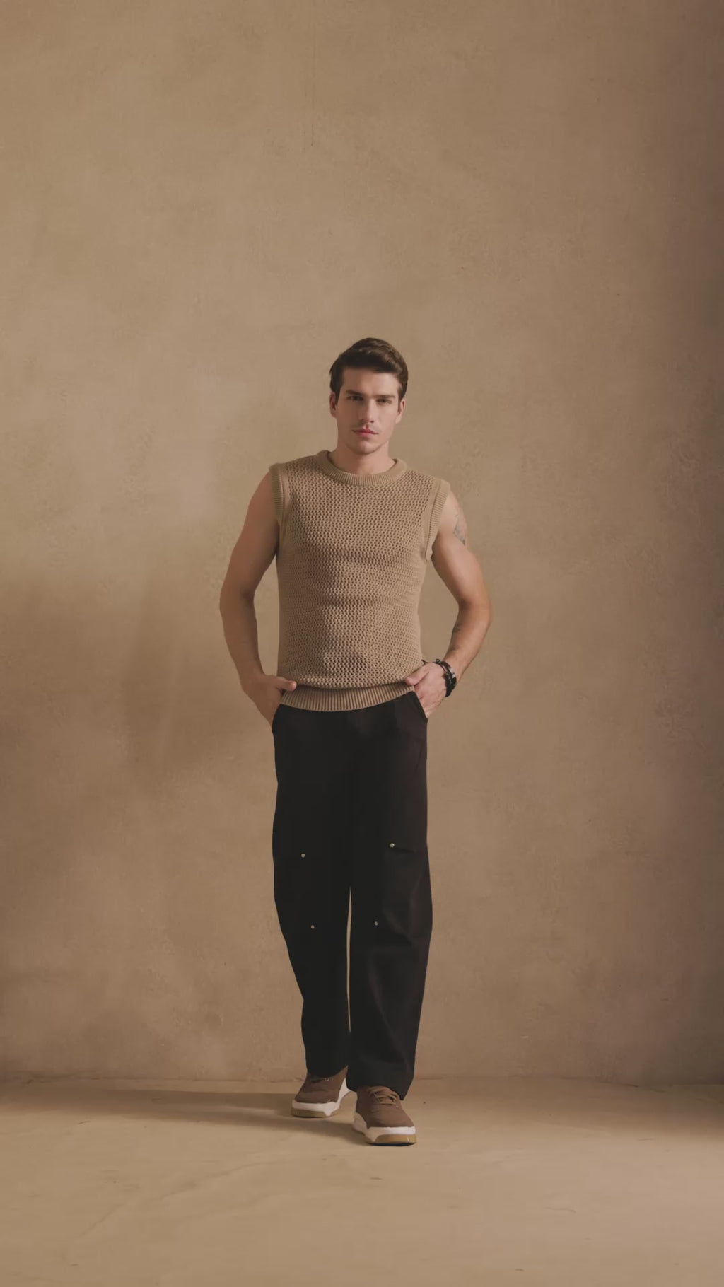MESH KNIT TANK IN SAND BEIGE