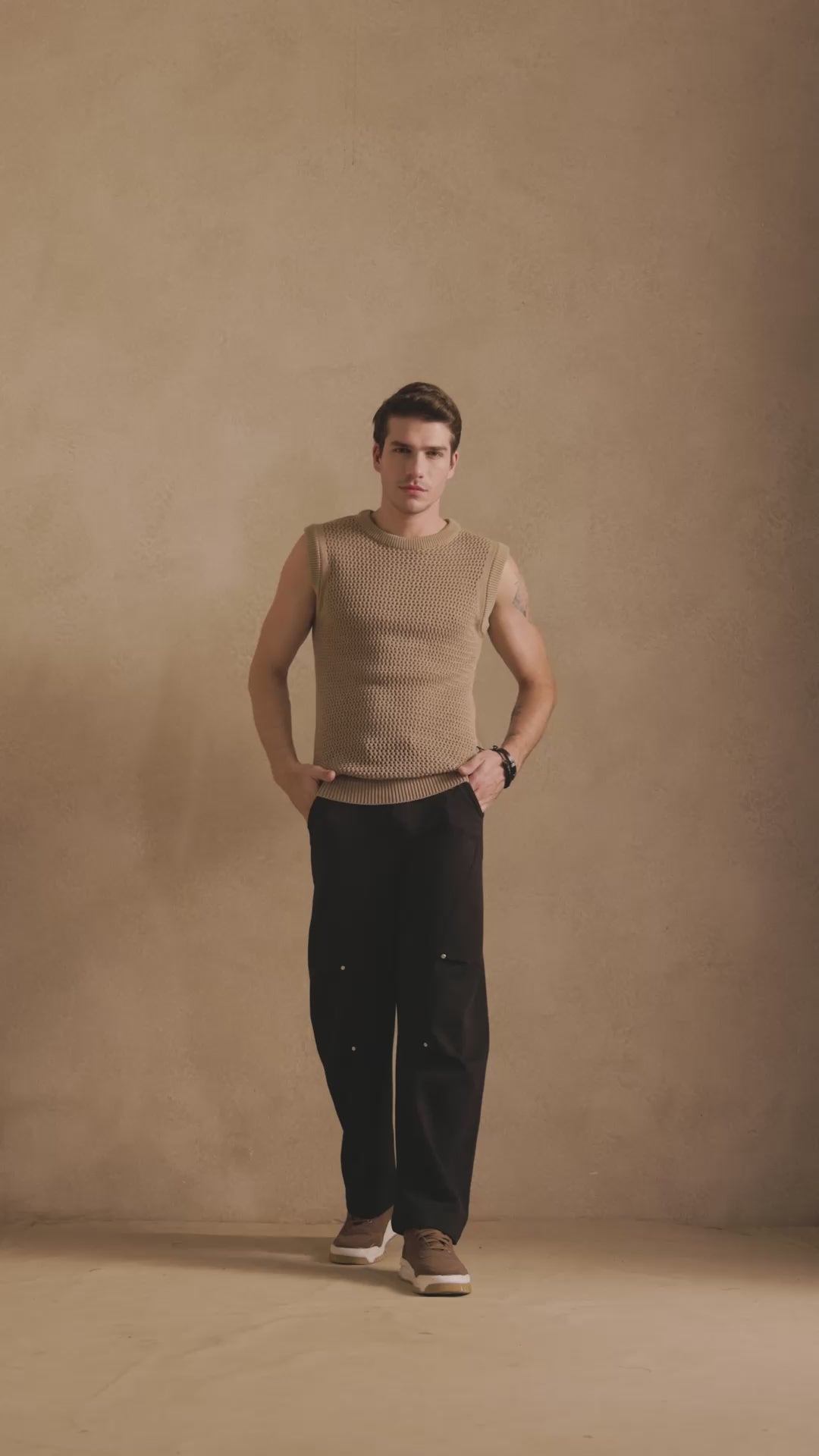 MESH KNIT TANK IN SAND BEIGE